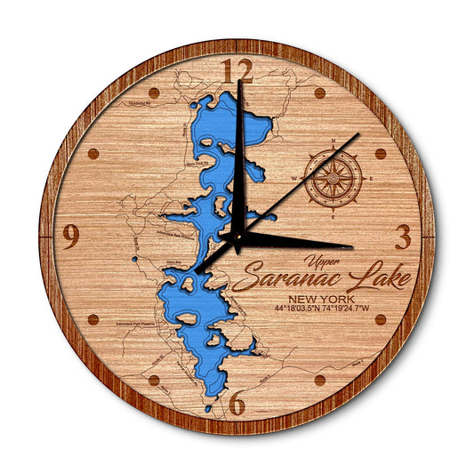 Saranac Lake(Upper Only), New York 14in Layered Map Clock - Any Lake, Pond, or Reservoir - Unique Home Decor