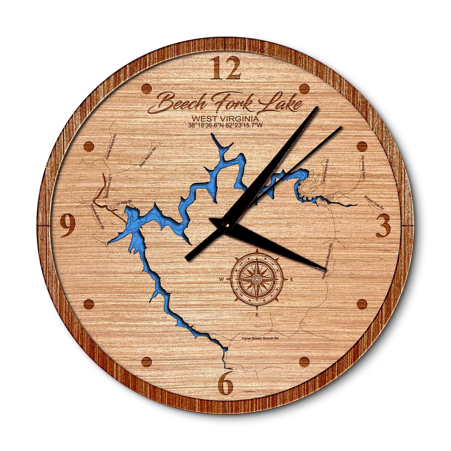 Beech Fork Lake, West Virginia 14in Layered Map Clock - Any Lake, Pond, or Reservoir - Unique Home Decor