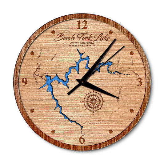 Beech Fork Lake, West Virginia 14in Layered Map Clock - Any Lake, Pond, or Reservoir - Unique Home Decor