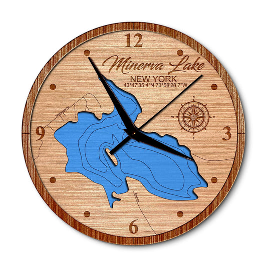 Minerva Lake, New York 14in Layered Map Clock - Any Lake, Pond, or Reservoir - Unique Home Decor