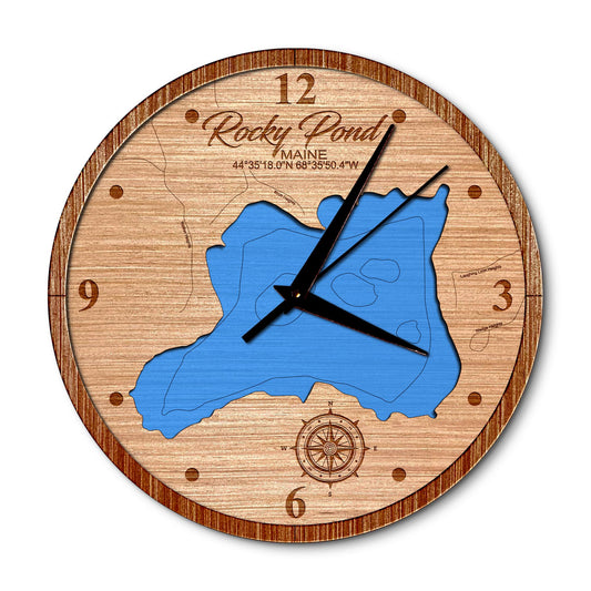 Rocky Pond in Orland, Maine 14in Layered Map Clock - Any Lake, Pond, or Reservoir - Unique Home Decor