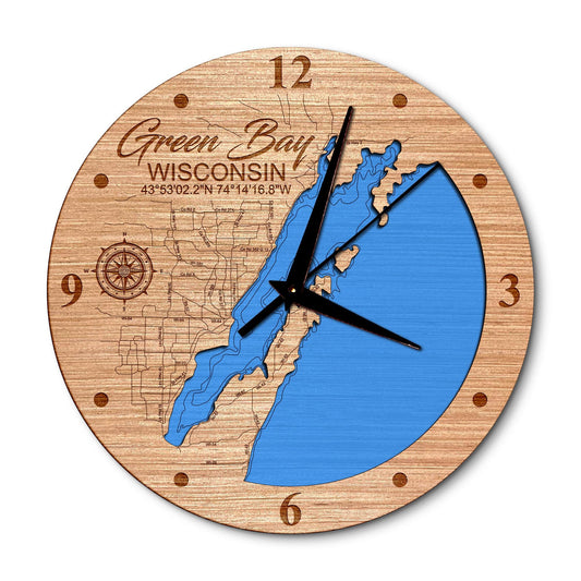 Green Bay on Lake Michigan, Wisconsin 14in Layered Map Clock - Any Lake, Pond, or Reservoir - Unique Home Decor