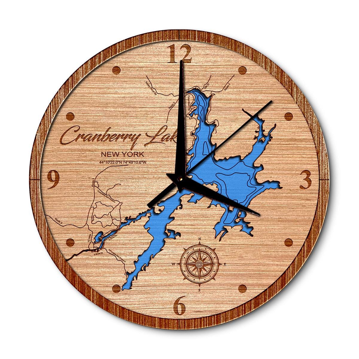 Cranberry Lake, New York 14in Layered Map Clock - Any Lake, Pond, or Reservoir - Unique Home Decor