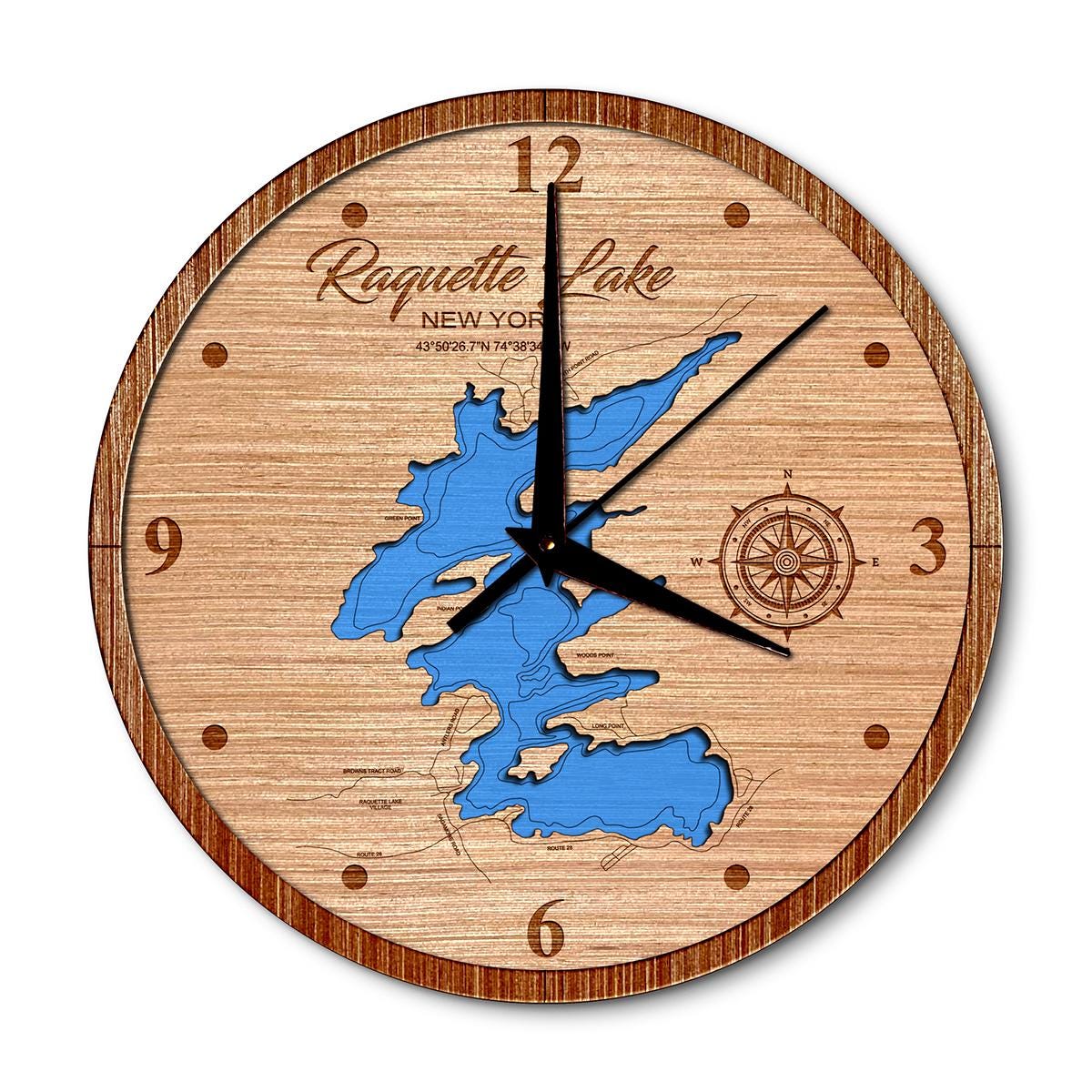 Raquette Lake, New York 14in Layered Map Clock - Any Lake, Pond, or Reservoir - Unique Home Decor