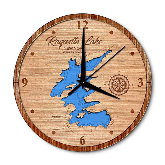 Raquette Lake, New York 14in Layered Map Clock - Any Lake, Pond, or Reservoir - Unique Home Decor