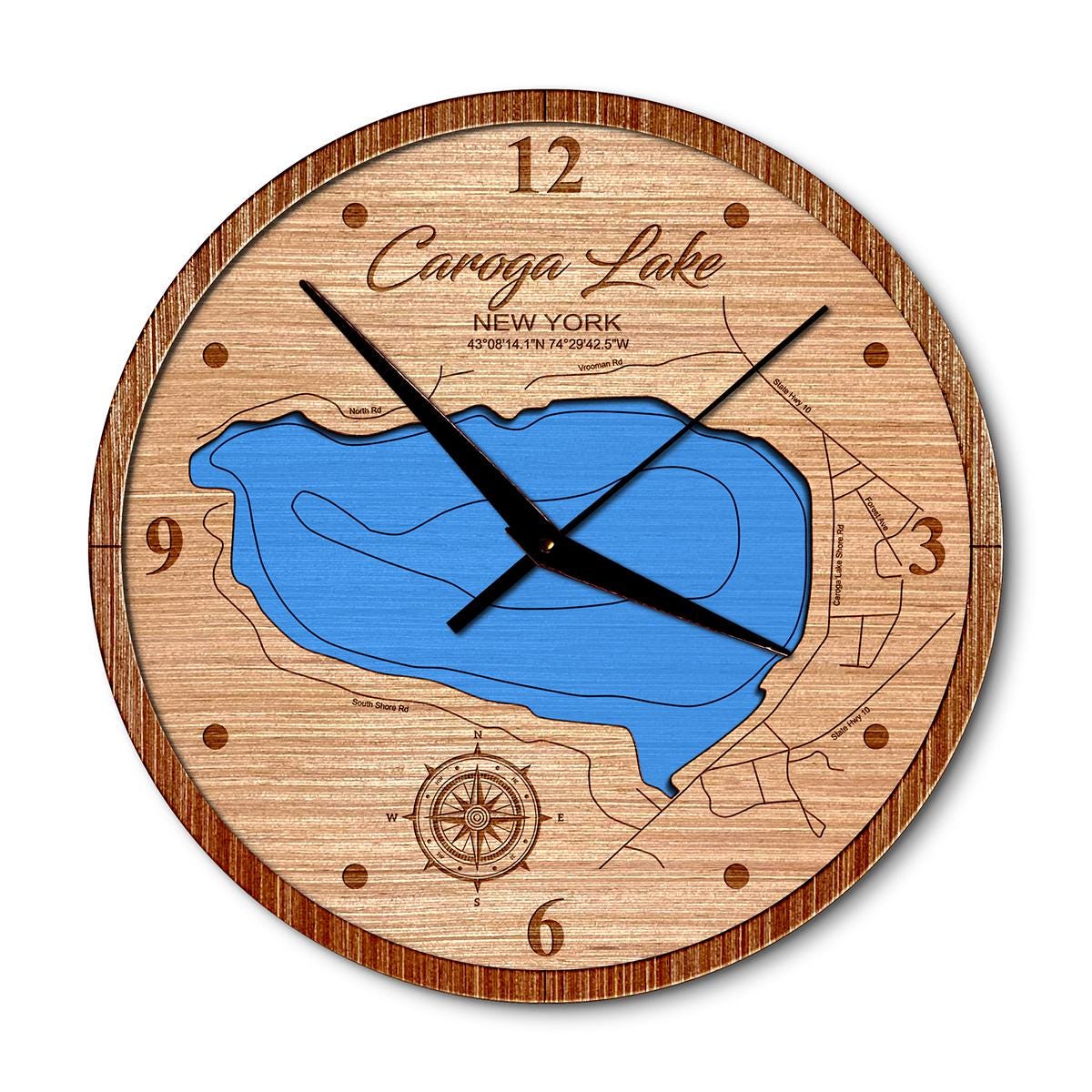 West Caroga Lake, New York 14in Layered Map Clock - Any Lake, Pond, or Reservoir - Unique Home Decor
