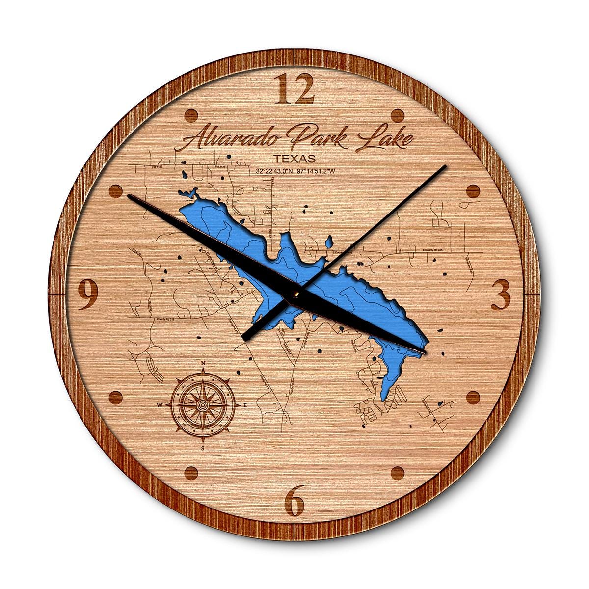 Alvarado Park Lake, Texas 14in Layered Map Clock - Any Lake, Pond, or Reservoir - Unique Home Decor