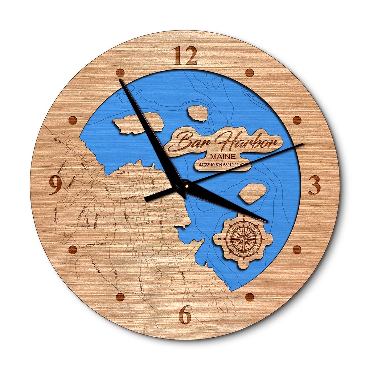 Bar Harbor, Maine 14in Layered Map Clock - Any Lake, Pond, or Reservoir - Unique Home Decor