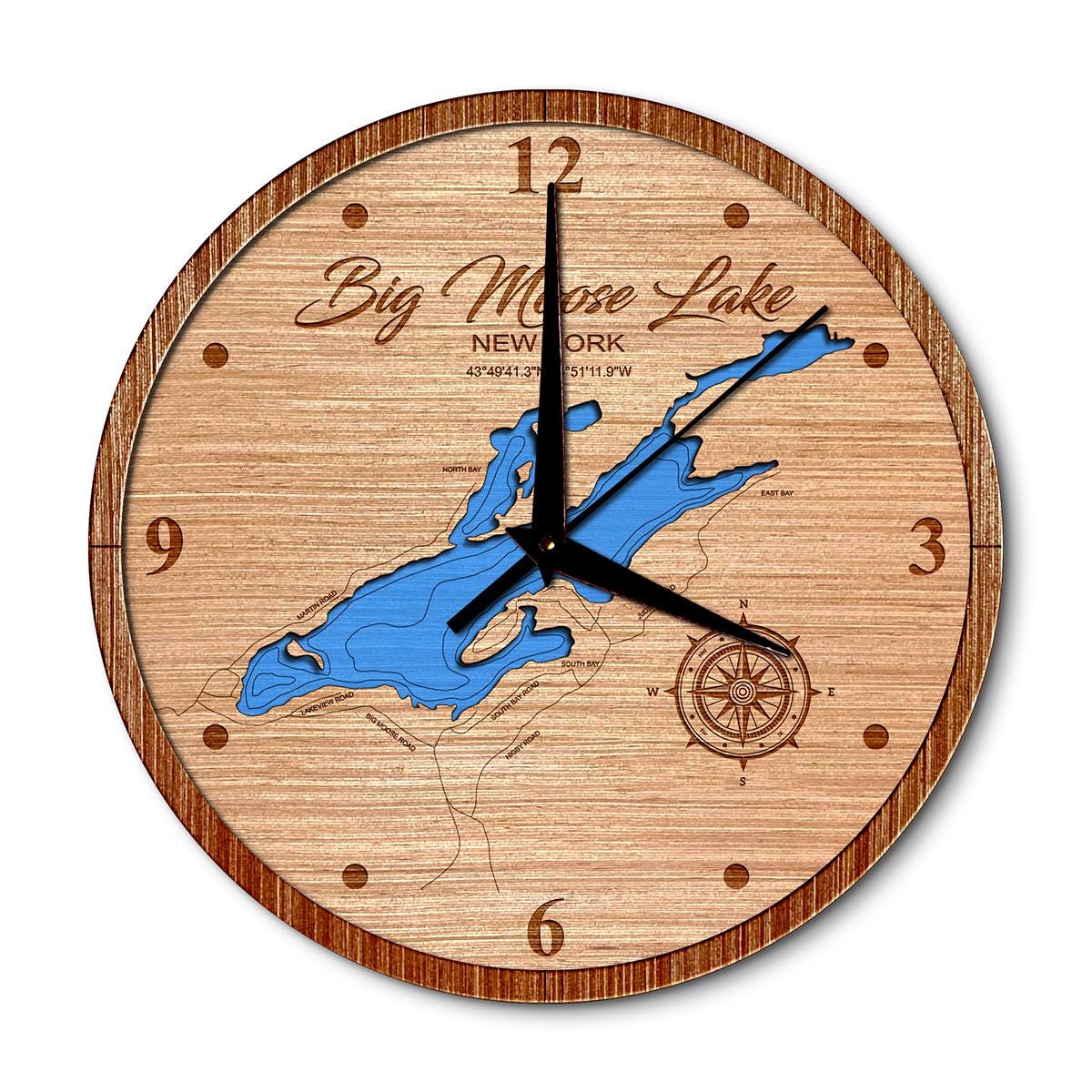 Big Moose Lake, New York 14in Layered Map Clock - Any Lake, Pond, or Reservoir - Unique Home Decor