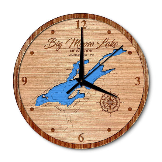 Big Moose Lake, New York 14in Layered Map Clock - Any Lake, Pond, or Reservoir - Unique Home Decor