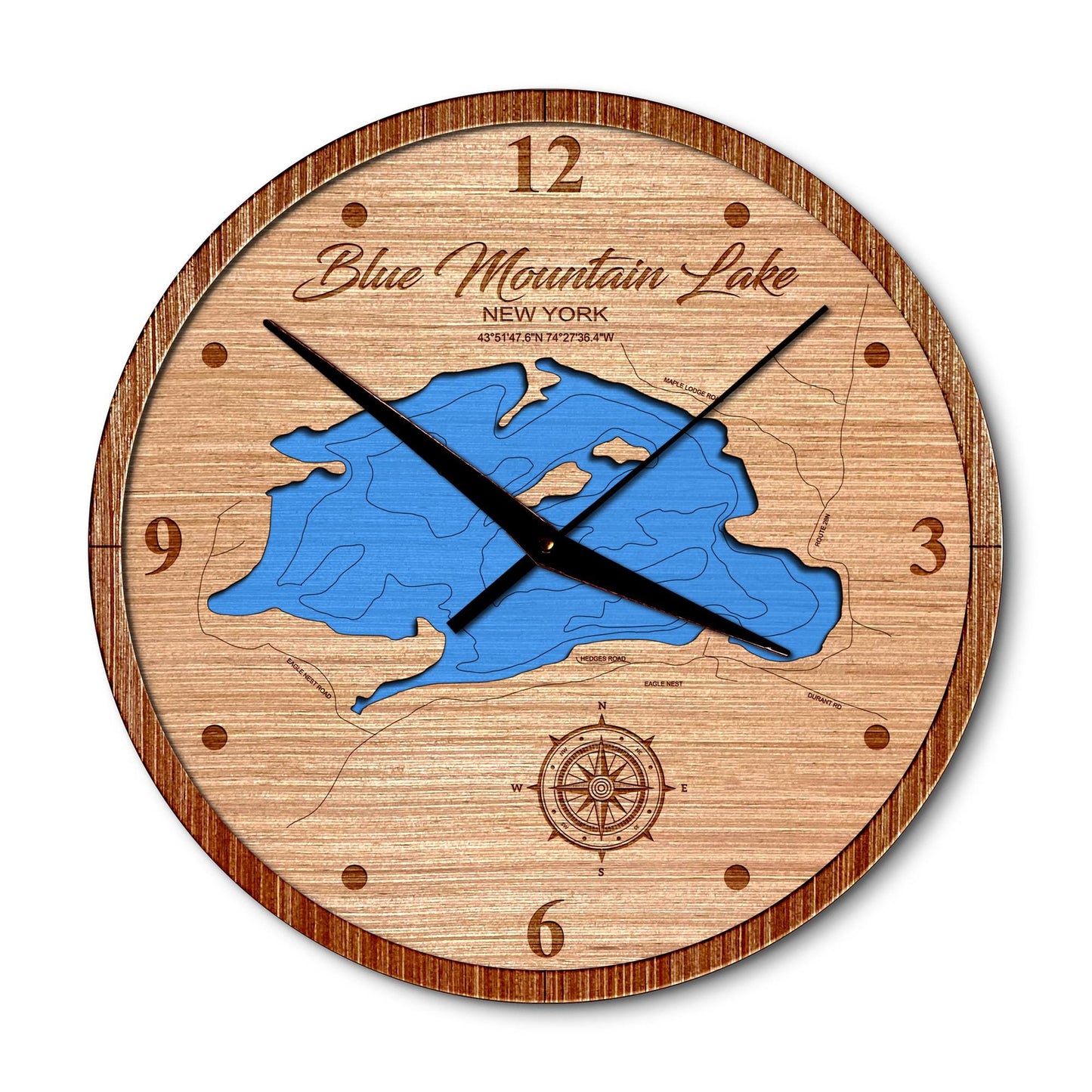 Blue Mountain Lake, New York 14in Layered Map Clock - Any Lake, Pond, or Reservoir - Unique Home Decor