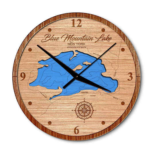 Blue Mountain Lake, New York 14in Layered Map Clock - Any Lake, Pond, or Reservoir - Unique Home Decor