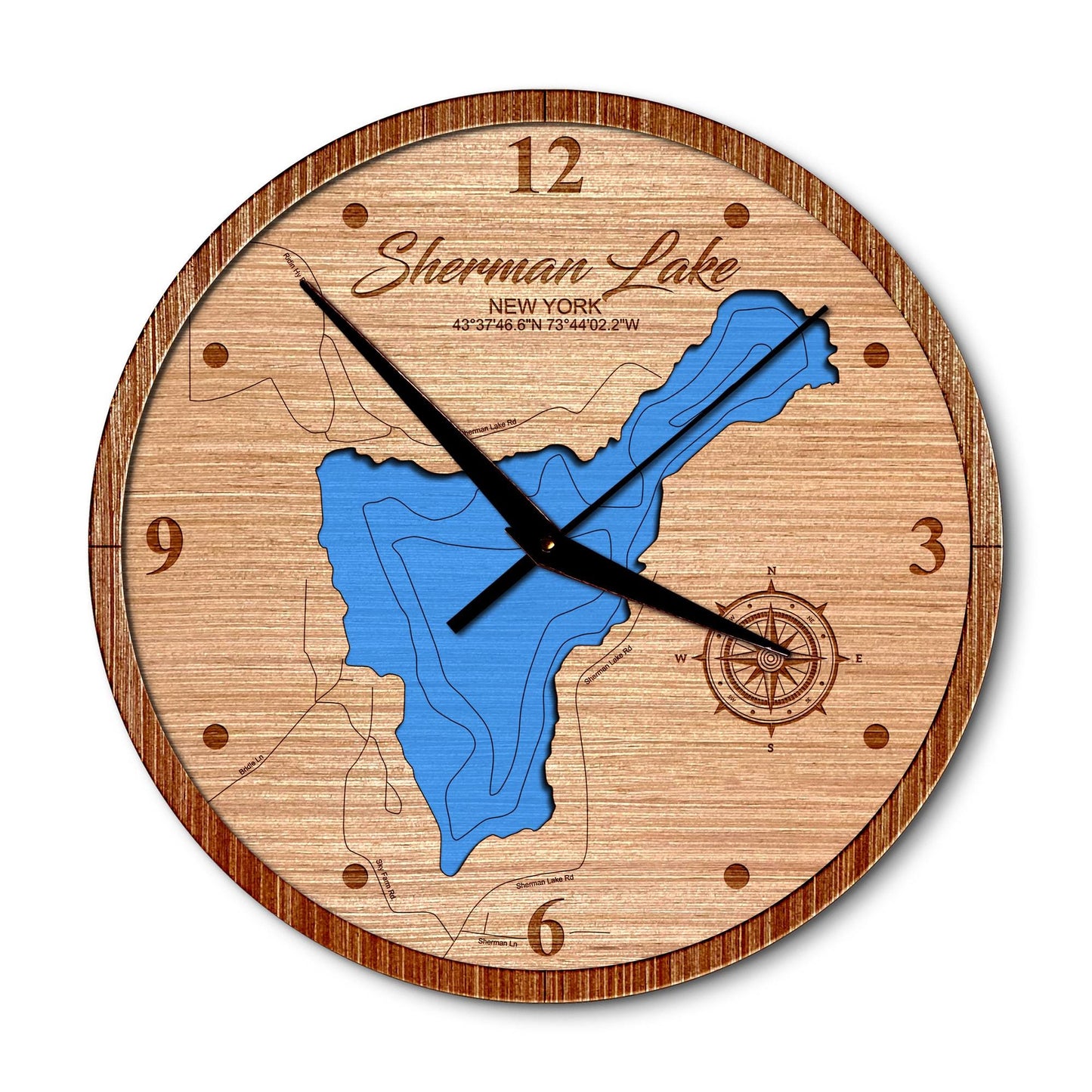 Sherman Lake in Warrensburg, New York 14in Layered Map Clock - Any Lake, Pond, or Reservoir - Unique Home Decor