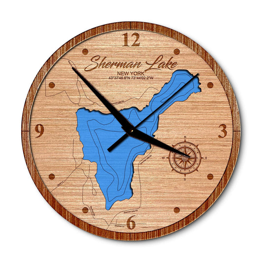 Sherman Lake in Warrensburg, New York 14in Layered Map Clock - Any Lake, Pond, or Reservoir - Unique Home Decor