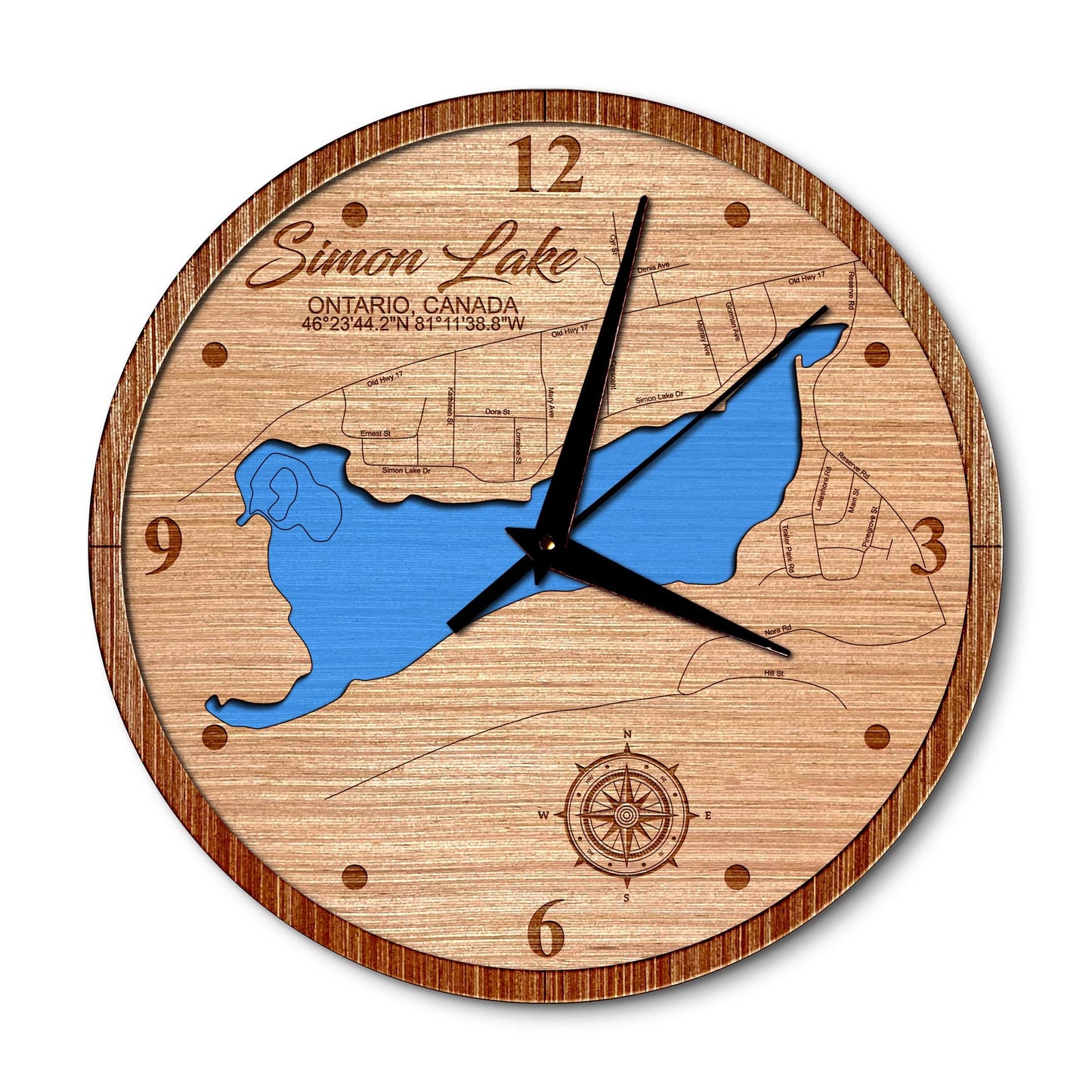 Simon Lake in Ontario, Canada 14in Layered Map Clock - Any Lake, Pond, or Reservoir - Unique Home Decor