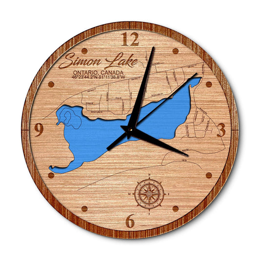 Simon Lake in Ontario, Canada 14in Layered Map Clock - Any Lake, Pond, or Reservoir - Unique Home Decor