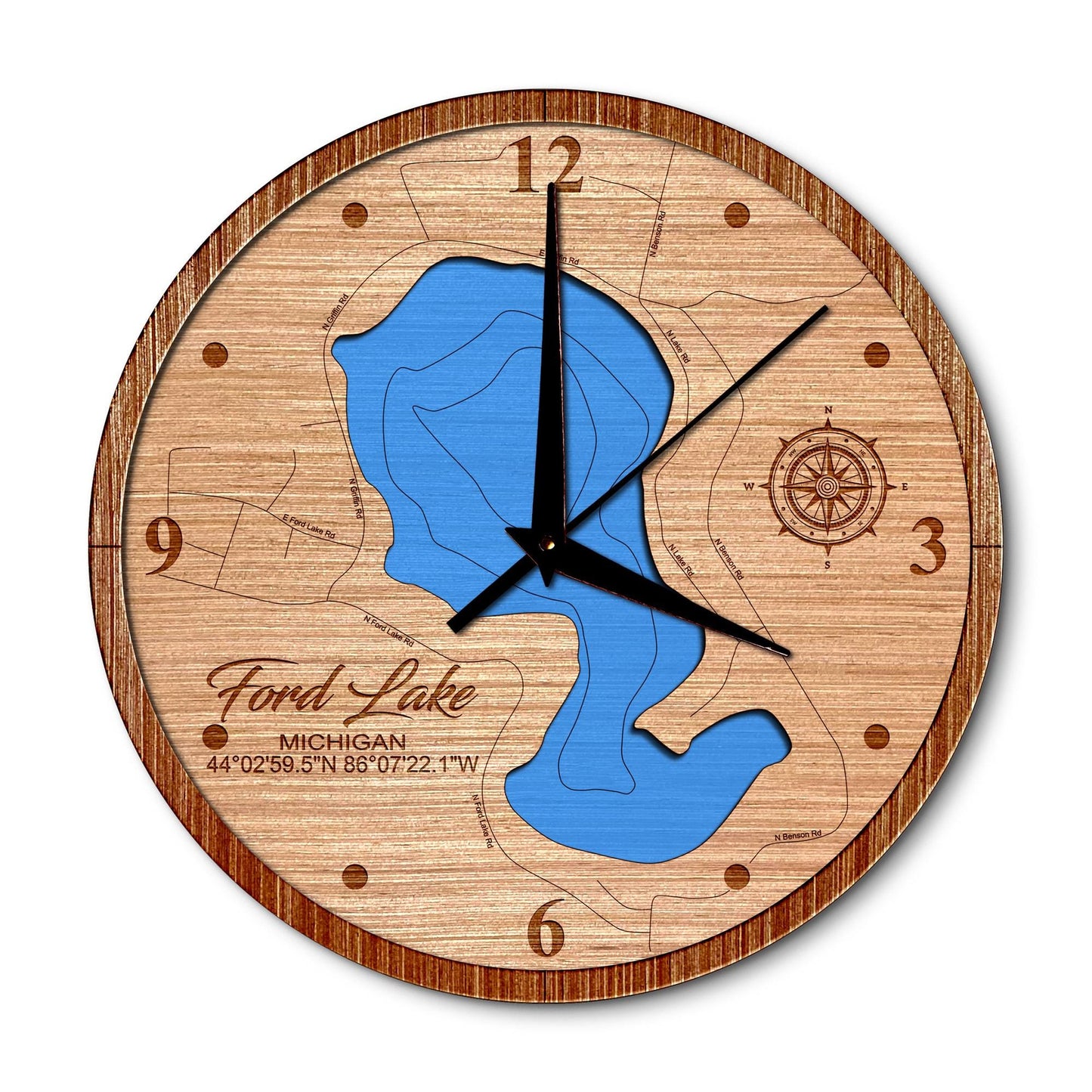 Ford Lake in Fountain, Michigan 14in Layered Map Clock - Any Lake, Pond, or Reservoir - Unique Home Decor