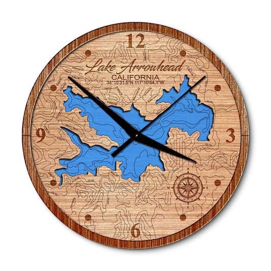 Lake Arrowhead, California 14in Layered Map Clock - Any Lake, Pond, or Reservoir - Unique Home Decor