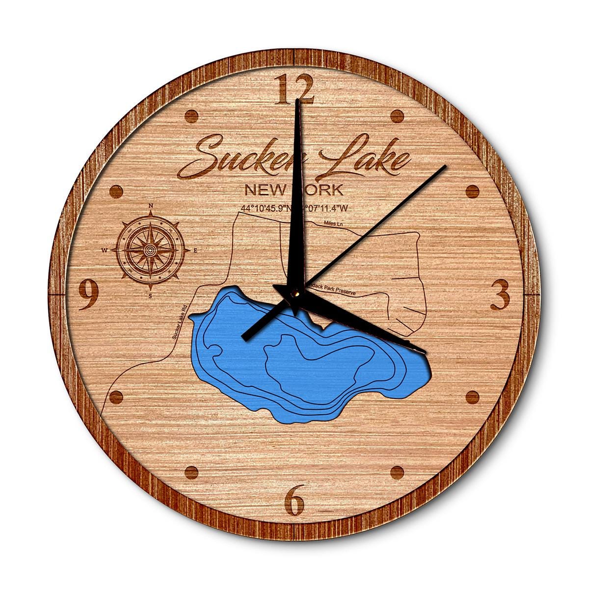Sucker Lake, New York 14in Layered Map Clock - Any Lake, Pond, or Reservoir - Unique Home Decor
