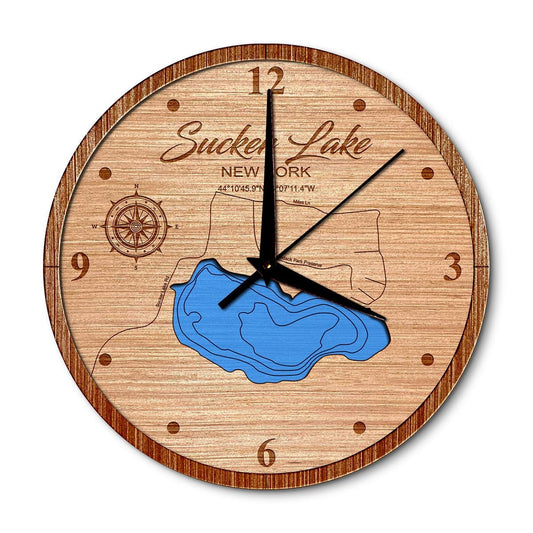 Sucker Lake, New York 14in Layered Map Clock - Any Lake, Pond, or Reservoir - Unique Home Decor
