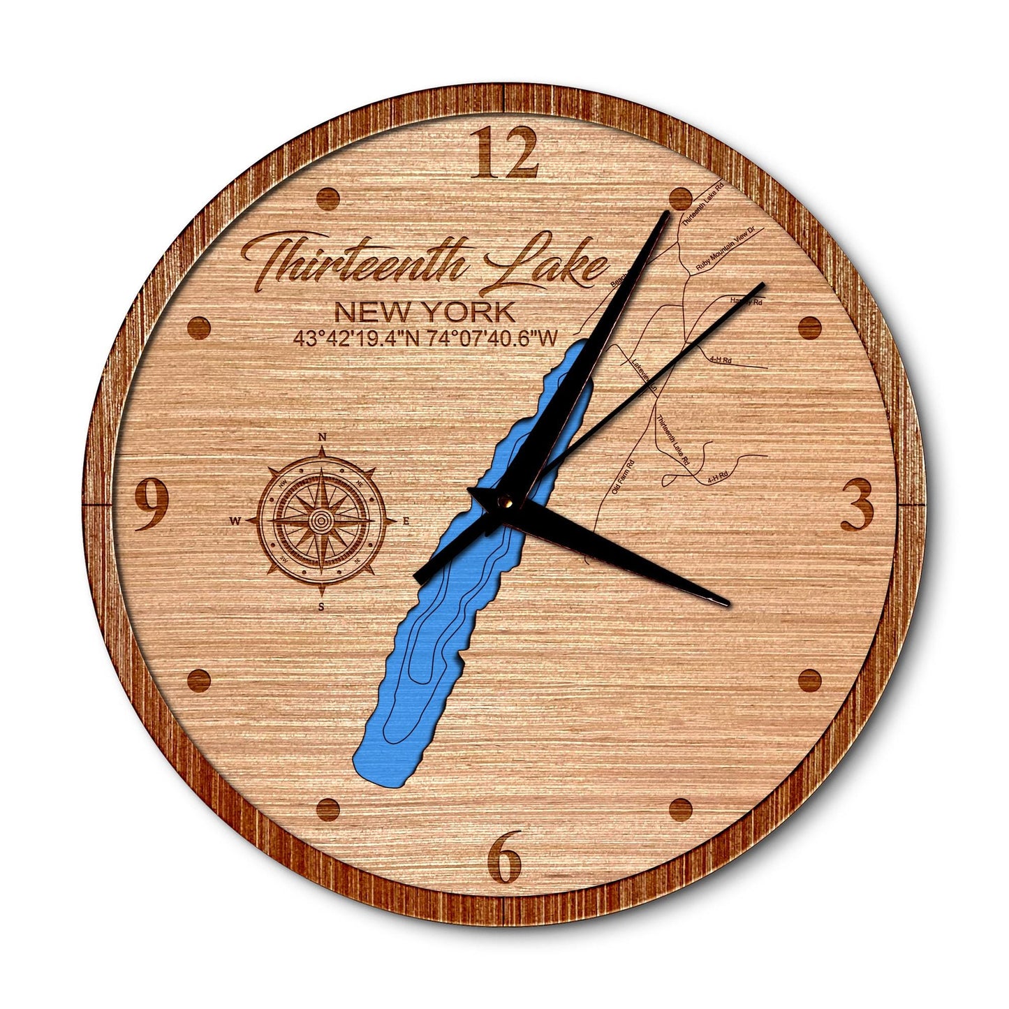 Thirteenth Lake New York 14in Layered Map Clock - Any Lake, Pond, or Reservoir - Unique Home Decor