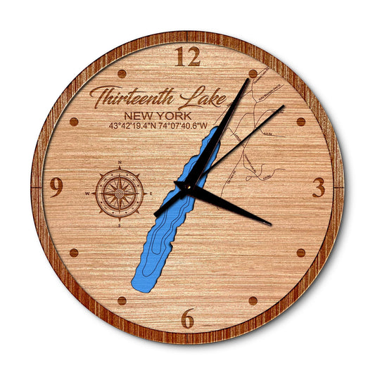 Thirteenth Lake New York 14in Layered Map Clock - Any Lake, Pond, or Reservoir - Unique Home Decor