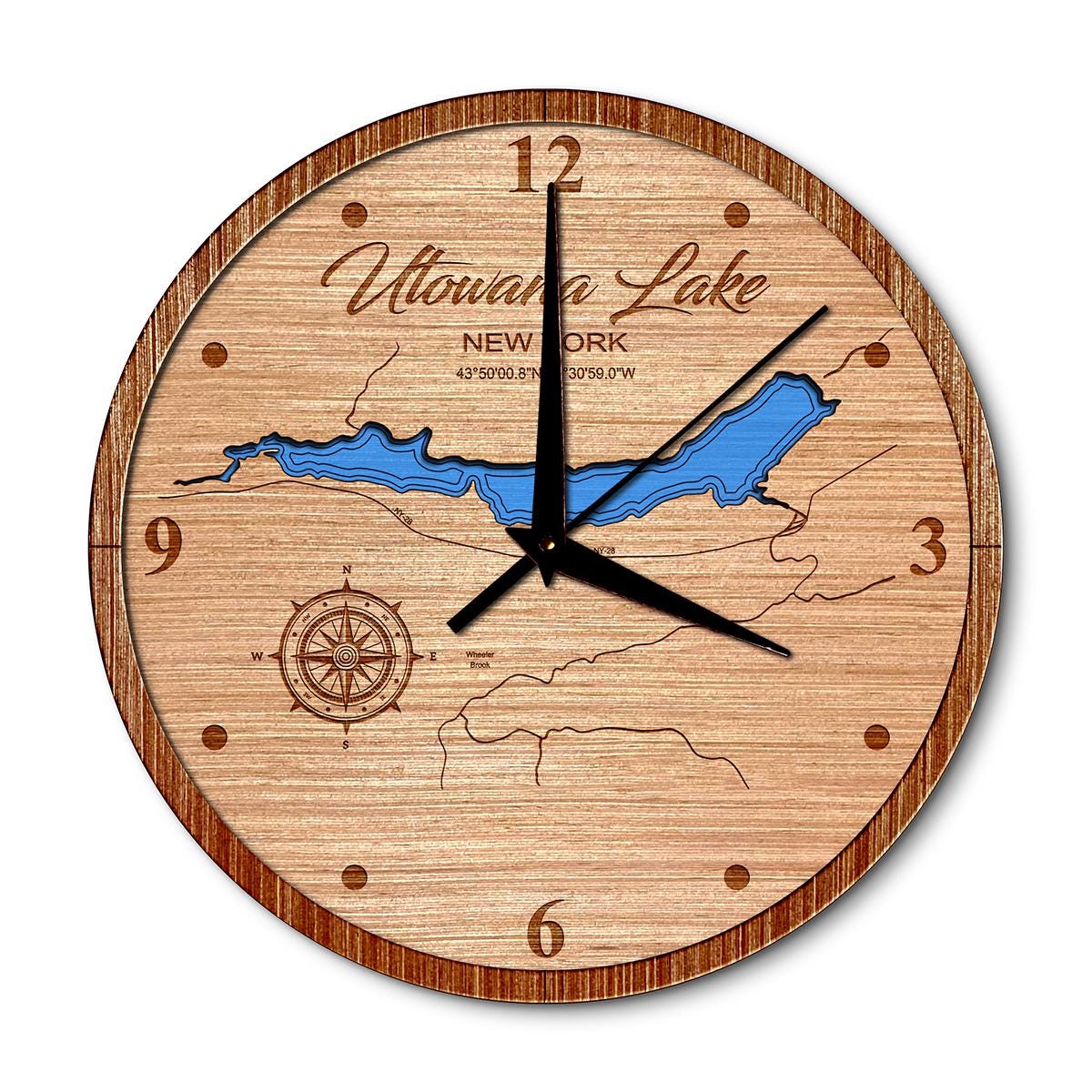 Utowana Lake, New York 14in Layered Map Clock - Any Lake, Pond, or Reservoir - Unique Home Decor