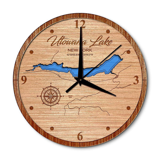 Utowana Lake, New York 14in Layered Map Clock - Any Lake, Pond, or Reservoir - Unique Home Decor