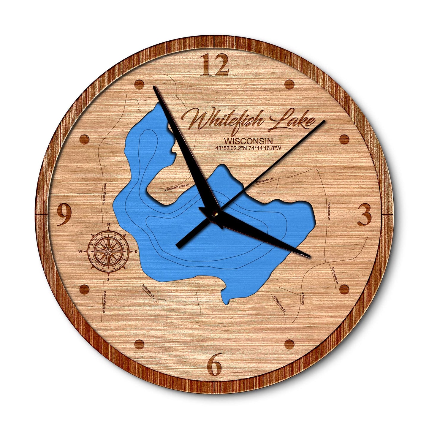 Whitefish Lake, Wisconsin 14in Layered Map Clock - Any Lake, Pond, or Reservoir - Unique Home Decor