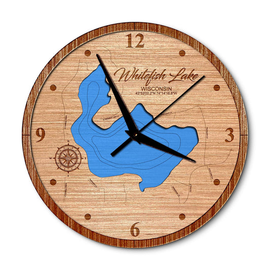 Whitefish Lake, Wisconsin 14in Layered Map Clock - Any Lake, Pond, or Reservoir - Unique Home Decor