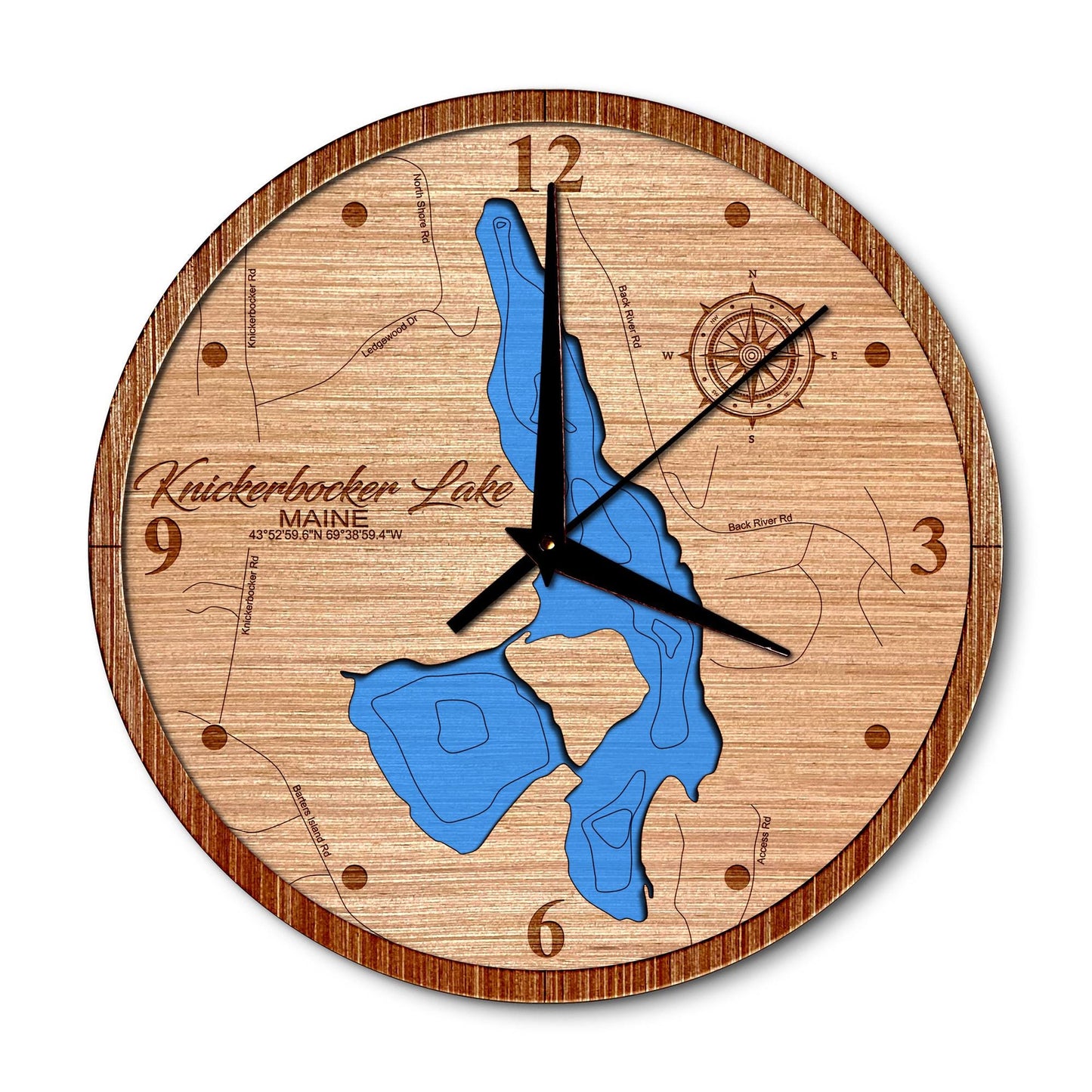 Knickerbocker Lake, Maine 14in Layered Map Clock - Any Lake, Pond, or Reservoir - Unique Home Decor