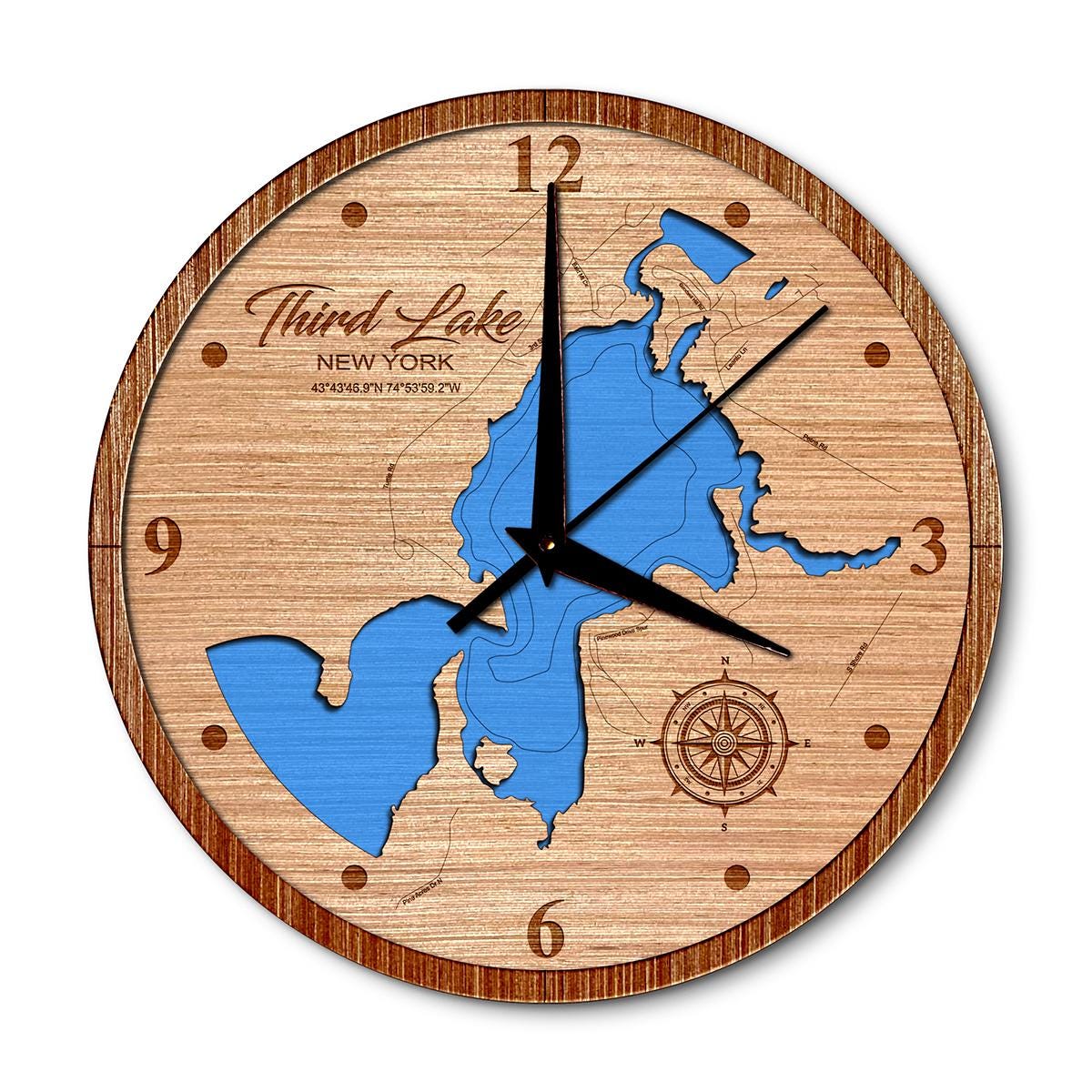 Third Lake on Fulton Chain of Lakes, New York 14in Layered Map Clock - Any Lake, Pond, or Reservoir - Unique Home Decor