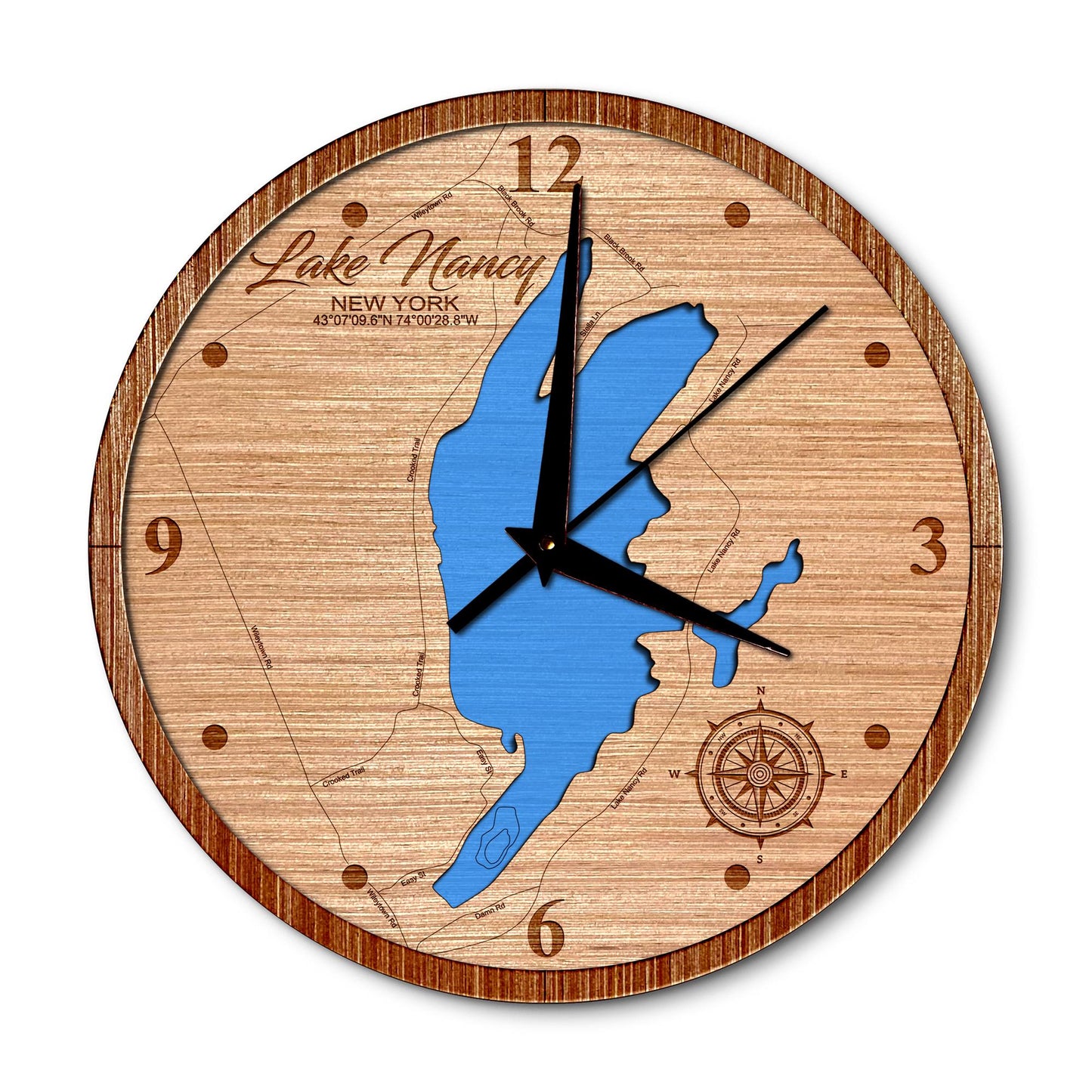 Lake Nancy, New York 14in Layered Map Clock - Any Lake, Pond, or Reservoir - Unique Home Decor