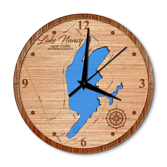 Lake Nancy, New York 14in Layered Map Clock - Any Lake, Pond, or Reservoir - Unique Home Decor
