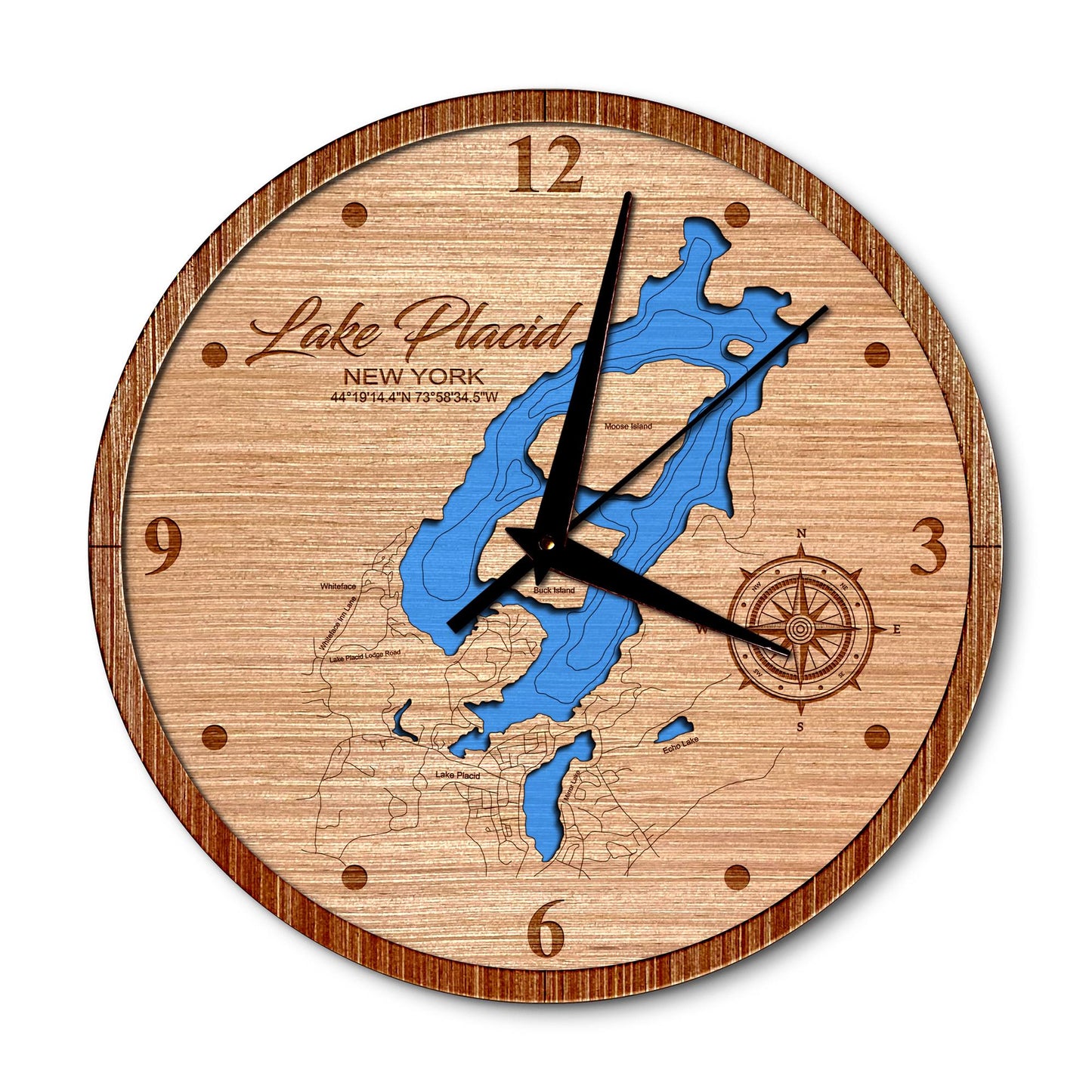 Lake Placid and Mirror, New York 14in Layered Map Clock - Any Lake, Pond, or Reservoir - Unique Home Decor