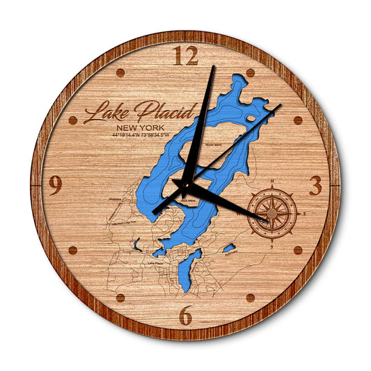 Lake Placid and Mirror, New York 14in Layered Map Clock - Any Lake, Pond, or Reservoir - Unique Home Decor