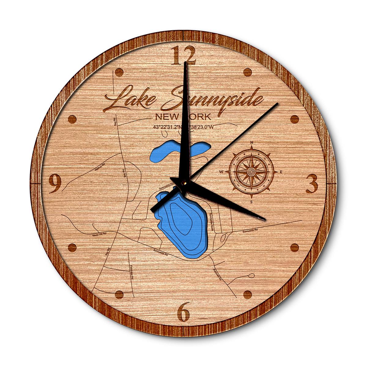 Lake Sunnyside, New York 14in Layered Map Clock - Any Lake, Pond, or Reservoir - Unique Home Decor