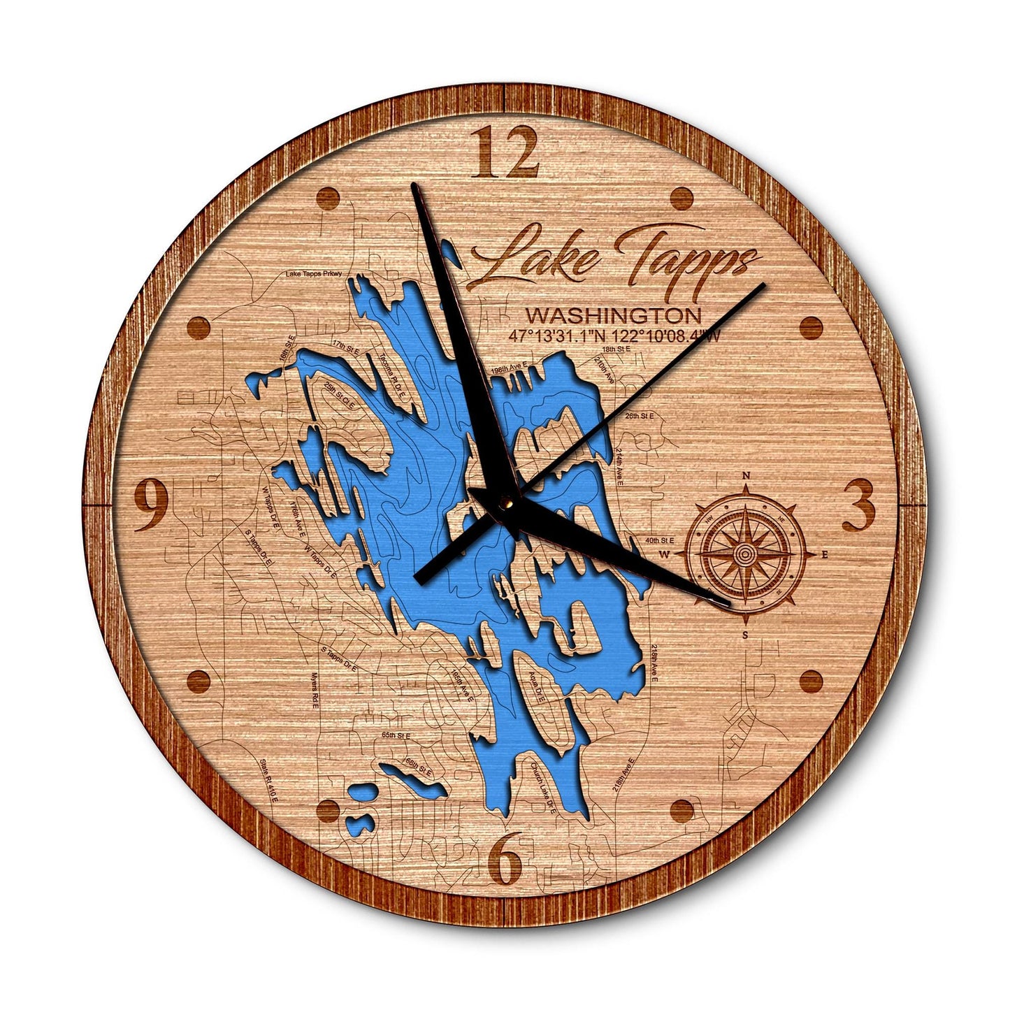 Lake Tapps, Washington 14in Layered Map Clock - Any Lake, Pond, or Reservoir - Unique Home Decor