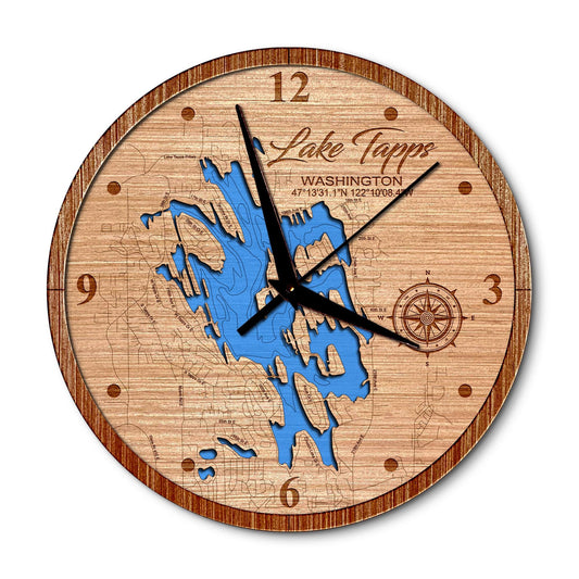 Lake Tapps, Washington 14in Layered Map Clock - Any Lake, Pond, or Reservoir - Unique Home Decor