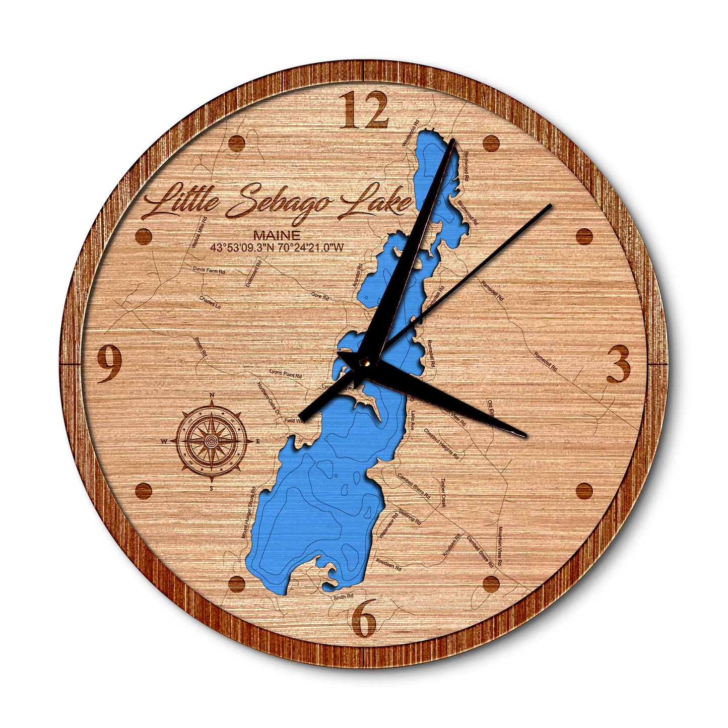 Little Sebago Lake, Maine 14in Layered Map Clock - Any Lake, Pond, or Reservoir - Unique Home Decor