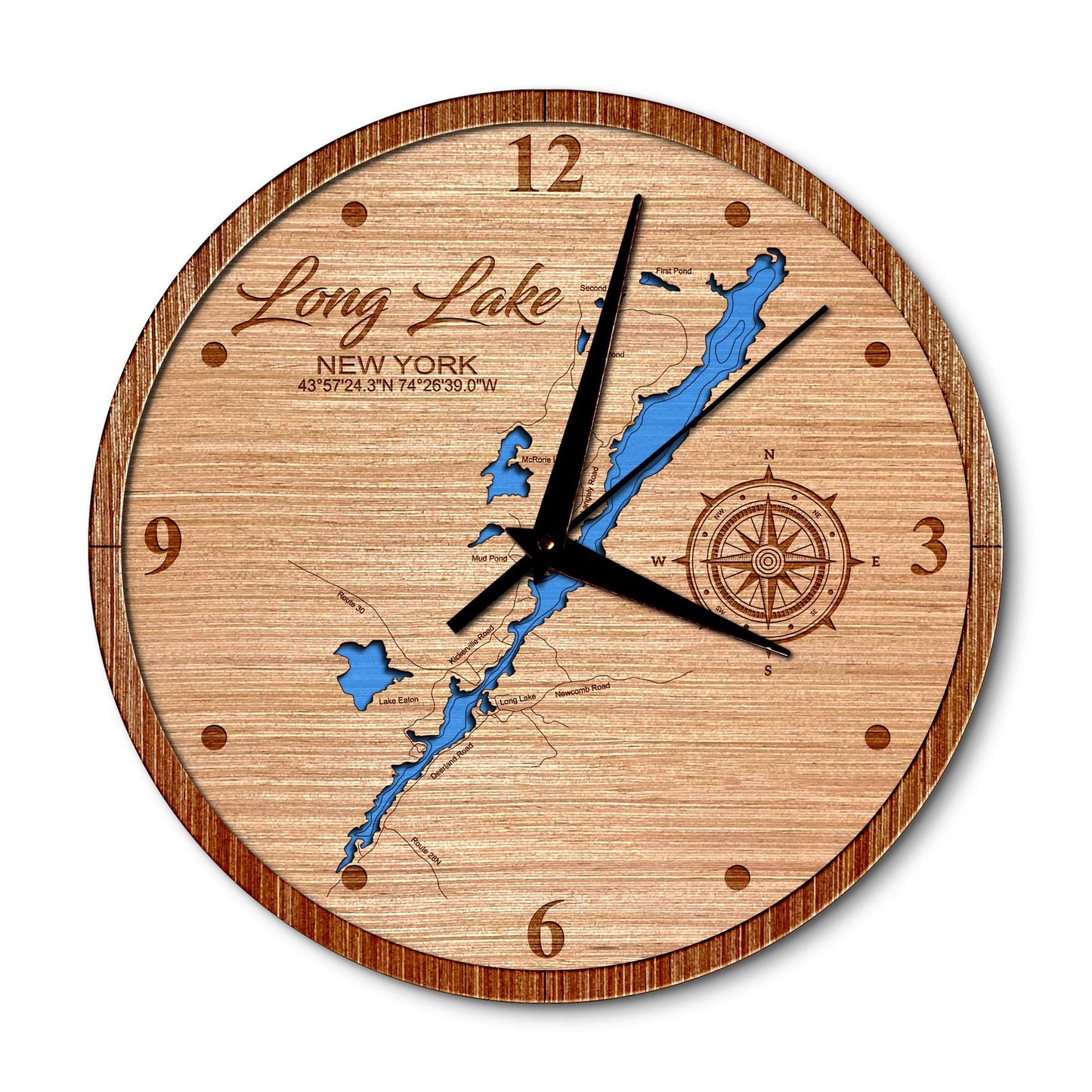 Long Lake, New York 14in Layered Map Clock - Any Lake, Pond, or Reservoir - Unique Home Decor