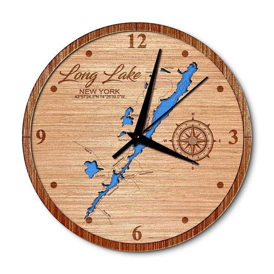 Long Lake, New York 14in Layered Map Clock - Any Lake, Pond, or Reservoir - Unique Home Decor