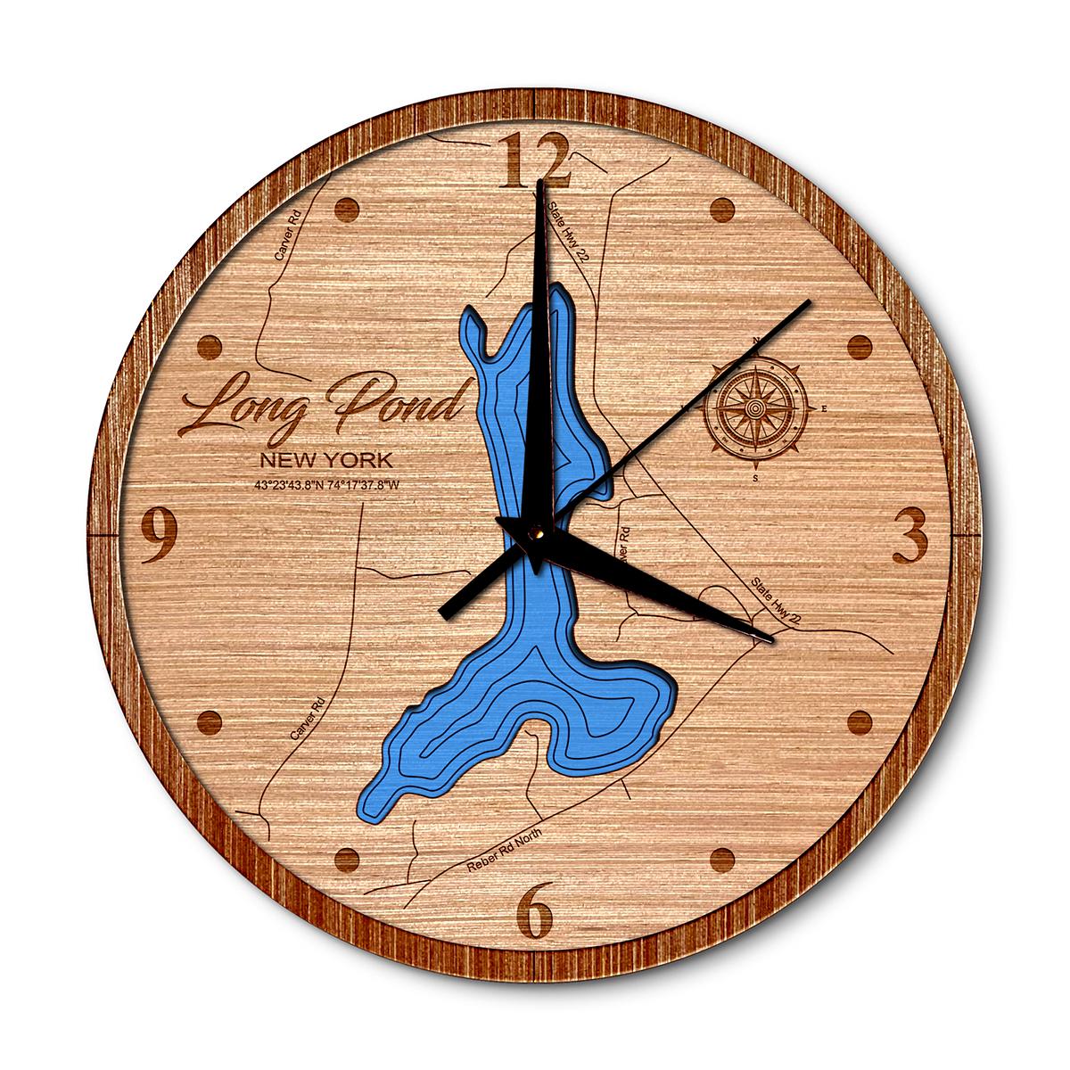 Long Pond in Willsboro, New York 14in Layered Map Clock - Any Lake, Pond, or Reservoir - Unique Home Decor