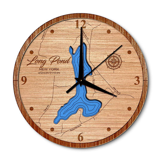 Long Pond in Willsboro, New York 14in Layered Map Clock - Any Lake, Pond, or Reservoir - Unique Home Decor