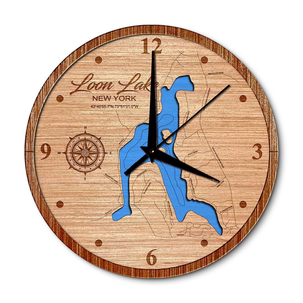 Loon Lake in Chestertown, New York 14in Layered Map Clock - Any Lake, Pond, or Reservoir - Unique Home Decor