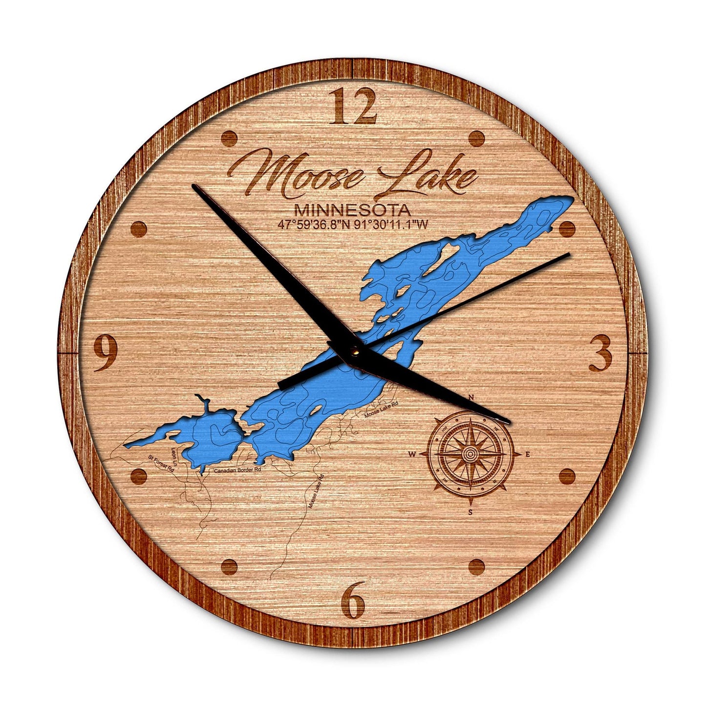 Moose Lake in Ely, Minnesota 14in Layered Map Clock - Any Lake, Pond, or Reservoir - Unique Home Decor