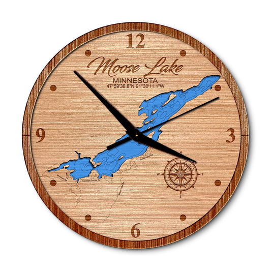 Moose Lake in Ely, Minnesota 14in Layered Map Clock - Any Lake, Pond, or Reservoir - Unique Home Decor