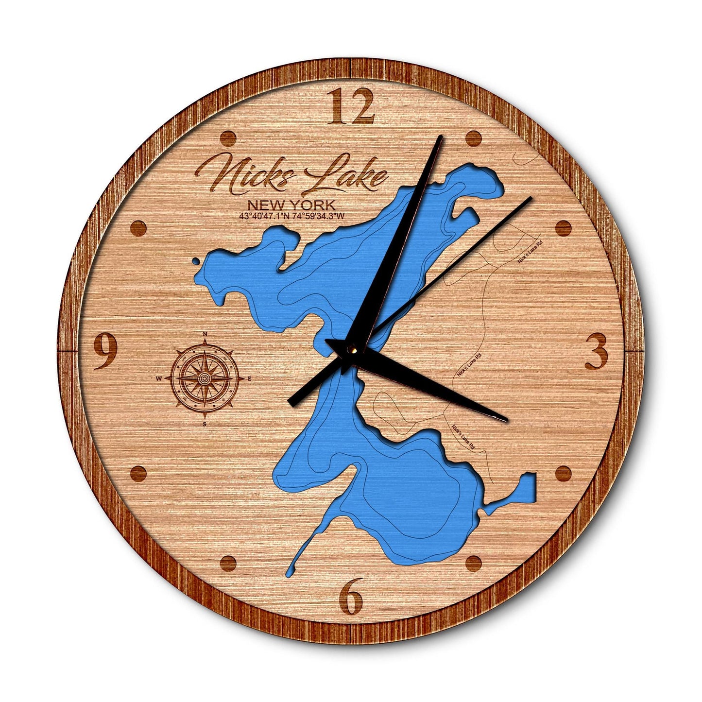 Nicks Lake, New York 14in Layered Map Clock - Any Lake, Pond, or Reservoir - Unique Home Decor