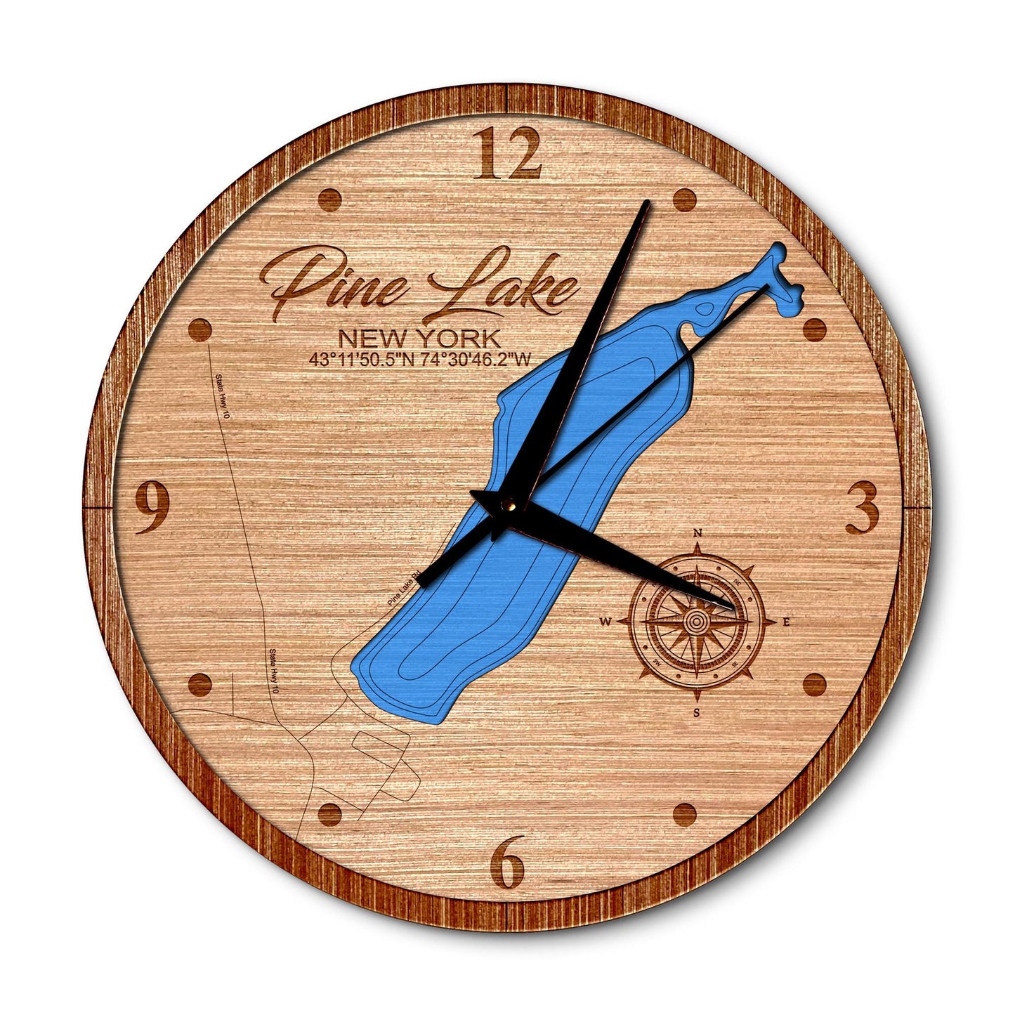 Pine Lake, Caroga New York 14in Layered Map Clock - Any Lake, Pond, or Reservoir - Unique Home Decor