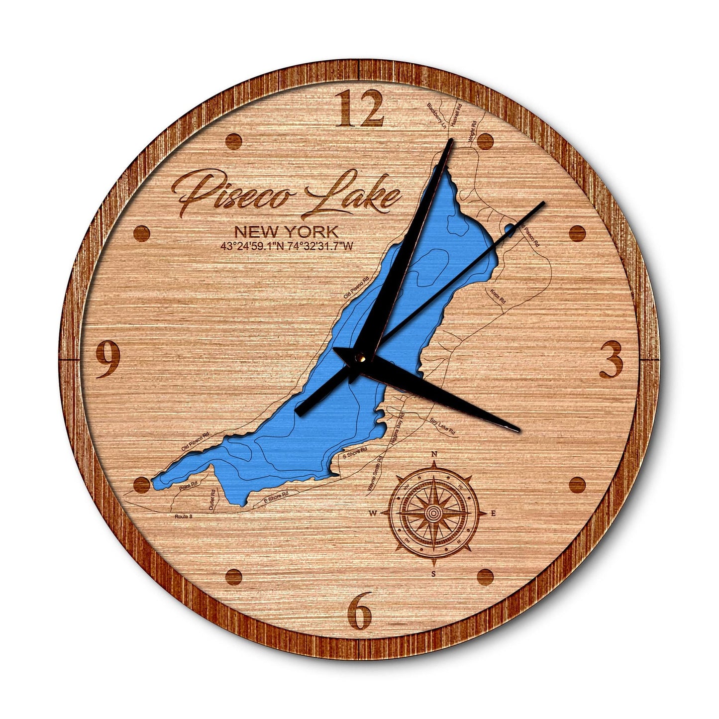 Piseco Lake, New York 14in Layered Map Clock - Any Lake, Pond, or Reservoir - Unique Home Decor